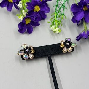 J. Crew Iridescent Aurora Borealis Crystal and Black Flower Cluster Earrings
